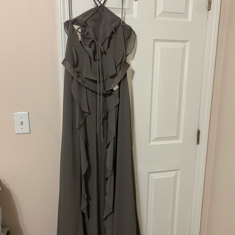 David's Bridal Gray Ruffle-Front Maxi Dress